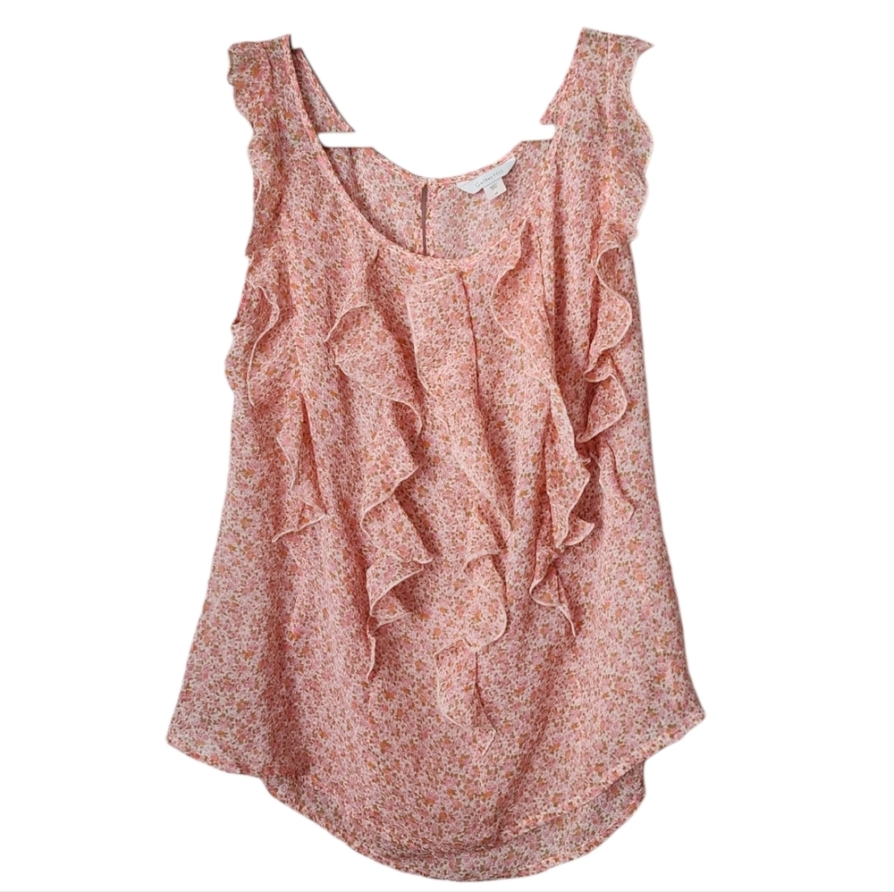 GARNET HILL‎ micro floral ruffle sheer sleeveless top in peach size 14
